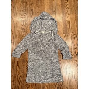Roxy V-Neck Marled‎ Knit Hoodie Roll Tab Sleeve Medium Grey White
